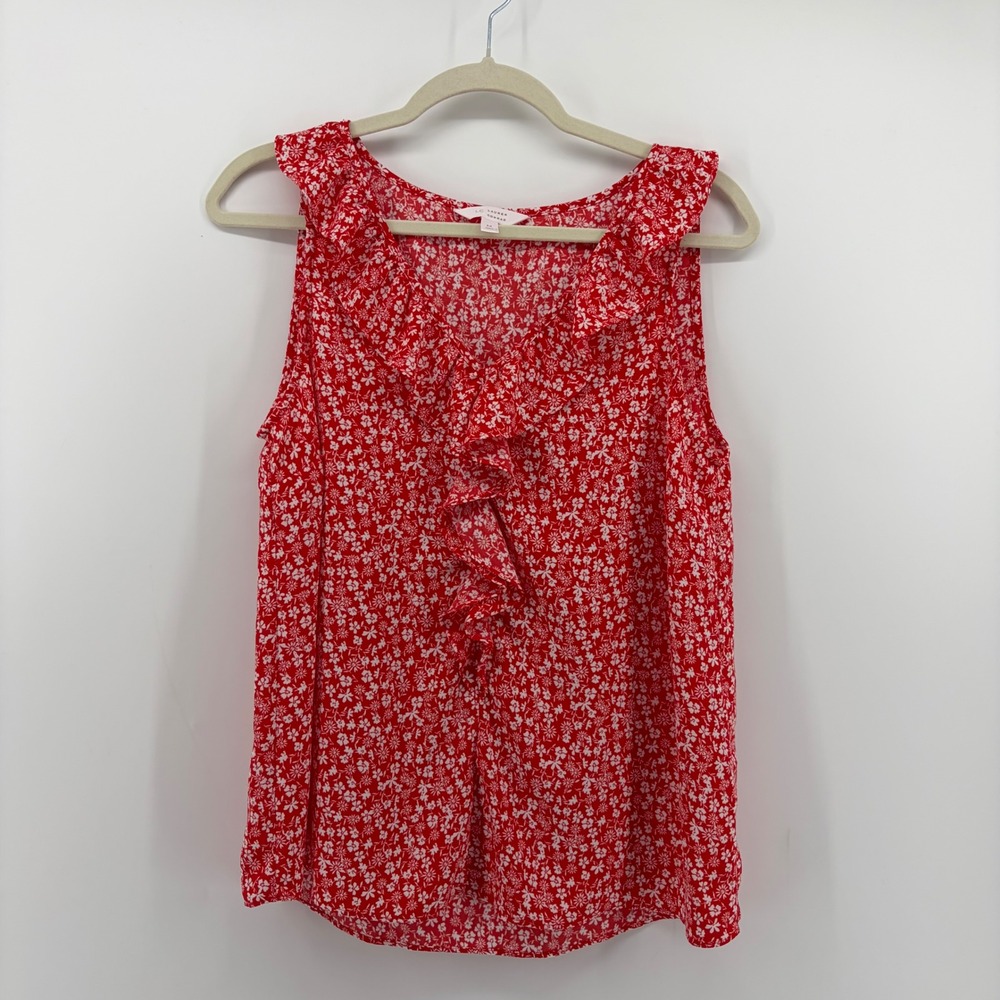 LC Lauren Conrad Womens Medium Red Floral Ruffle V-Neck Sleeveless Blouse Top